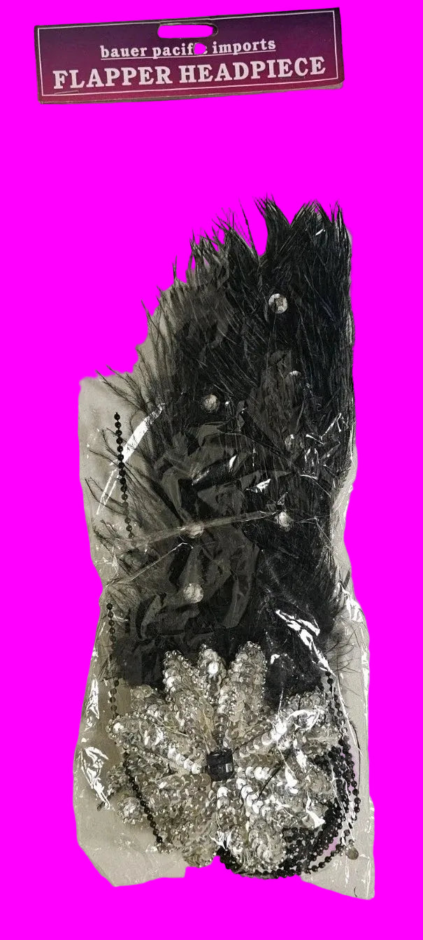 20s Flapper Black/ Silver Headband Feather Beaded Headpiece Roaring Gatsby Party