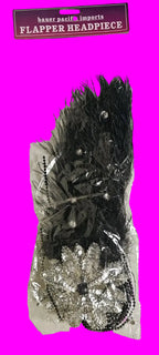 20s Flapper Black/ Silver Headband Feather Beaded Headpiece Roaring Gatsby Party