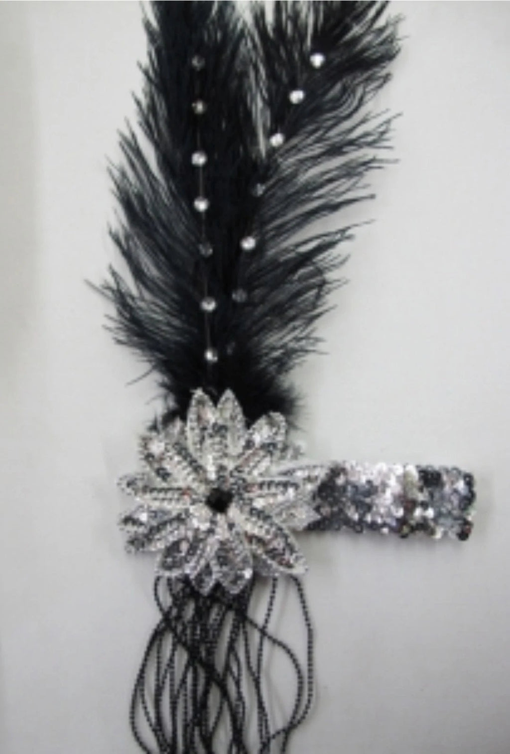 20s Flapper Black/ Silver Headband Feather Beaded Headpiece Roaring Gatsby Party