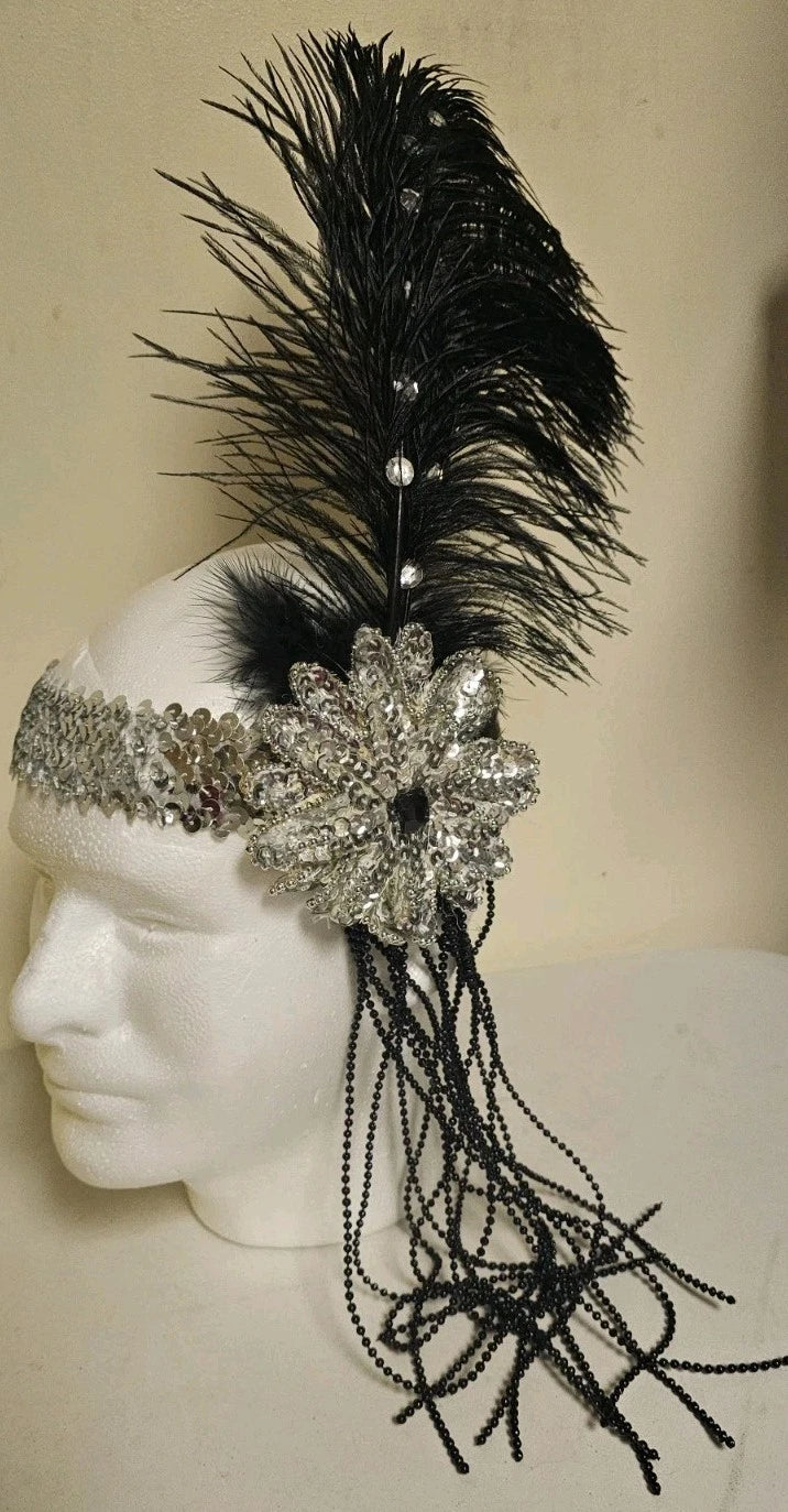 20s Flapper Black/ Silver Headband Feather Beaded Headpiece Roaring Gatsby Party