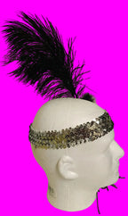 20s Flapper Black/ Silver Headband Feather Beaded Headpiece Roaring Gatsby Party