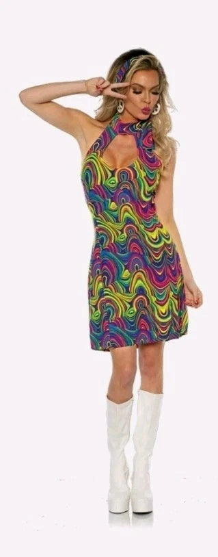 Women's 70s Disco Blacklight Reactive Glow Dress Costume X-Large