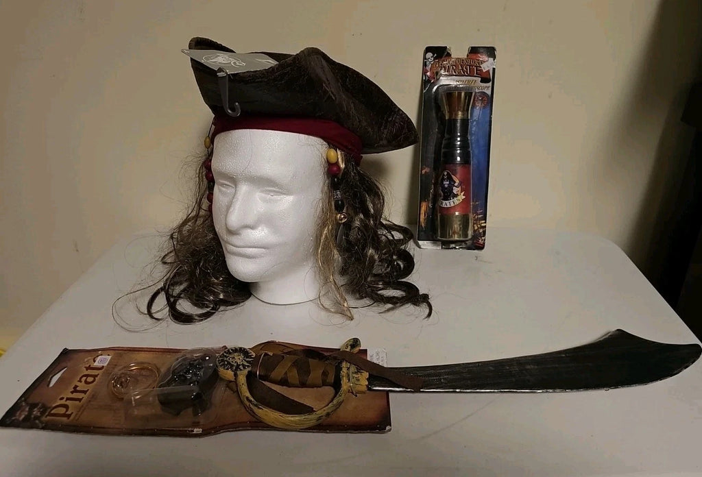 Disney Store Jack Sparrow Pirate Hat/Hair/20" Sword/Eye patch/Earring/Telescope