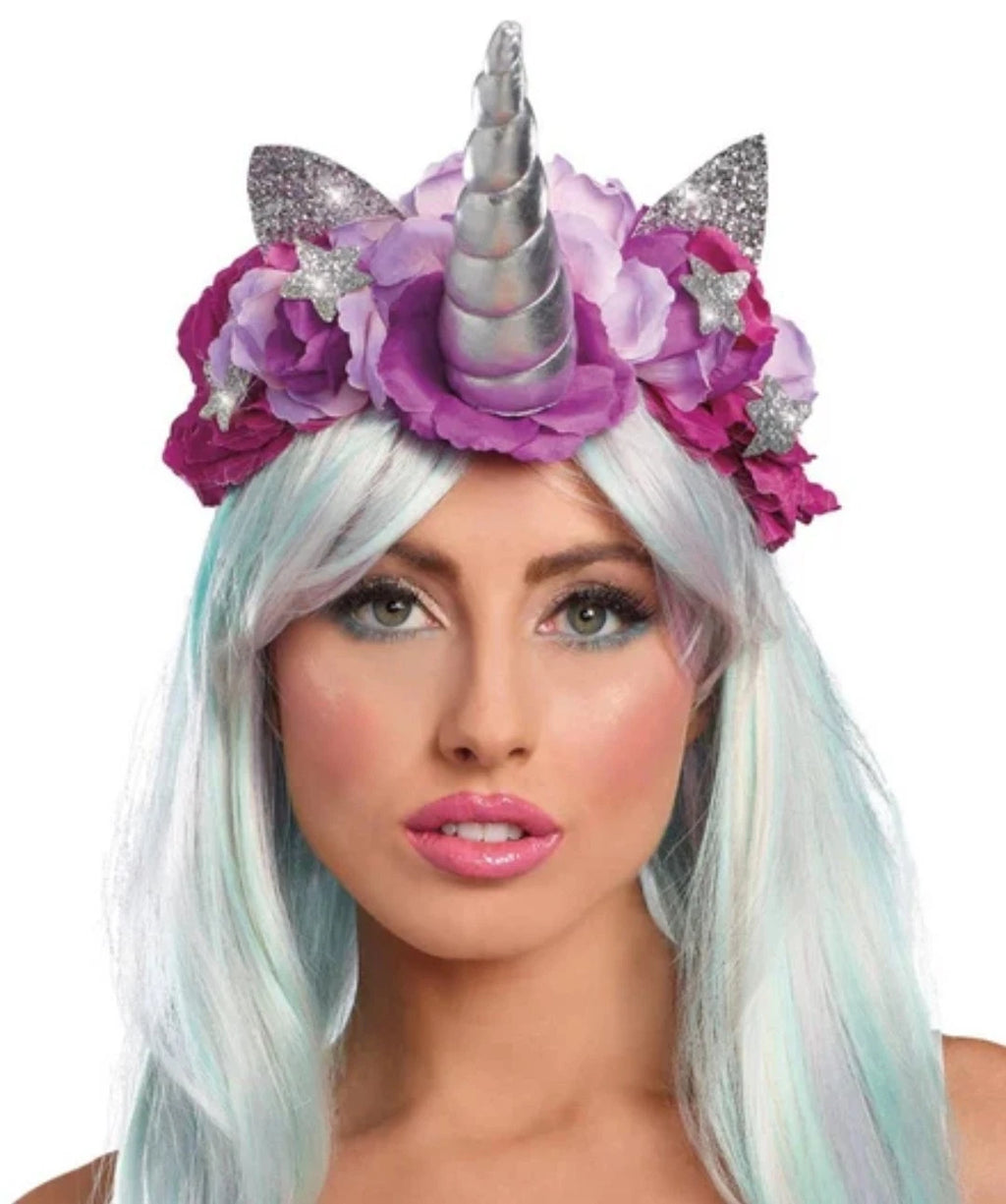 Mystical Silver Unicorn Headpiece Costume Headband w/Purple Roses