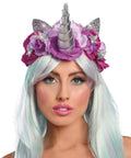 Mystical Silver Unicorn Headpiece Costume Headband w/Purple Roses