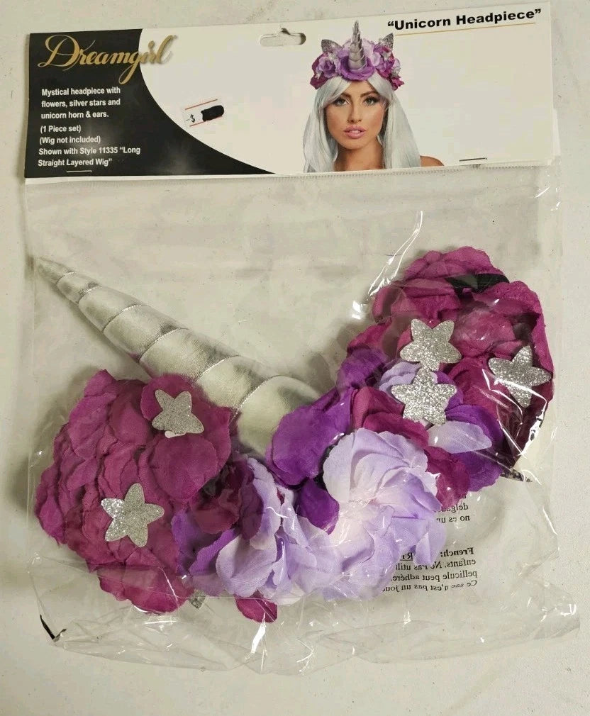 Mystical Silver Unicorn Headpiece Costume Headband w/Purple Roses