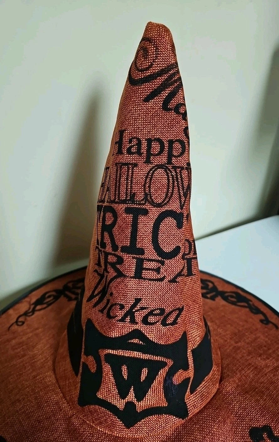 Burlap Black/Orange Happy Halloween Trick Or Treat Costume Witch Hat V165